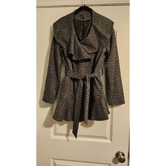 Willi Smith Leopard Print Coat Womens Size S Black Gray Jacket Belted Lined - Picture 2 of 11